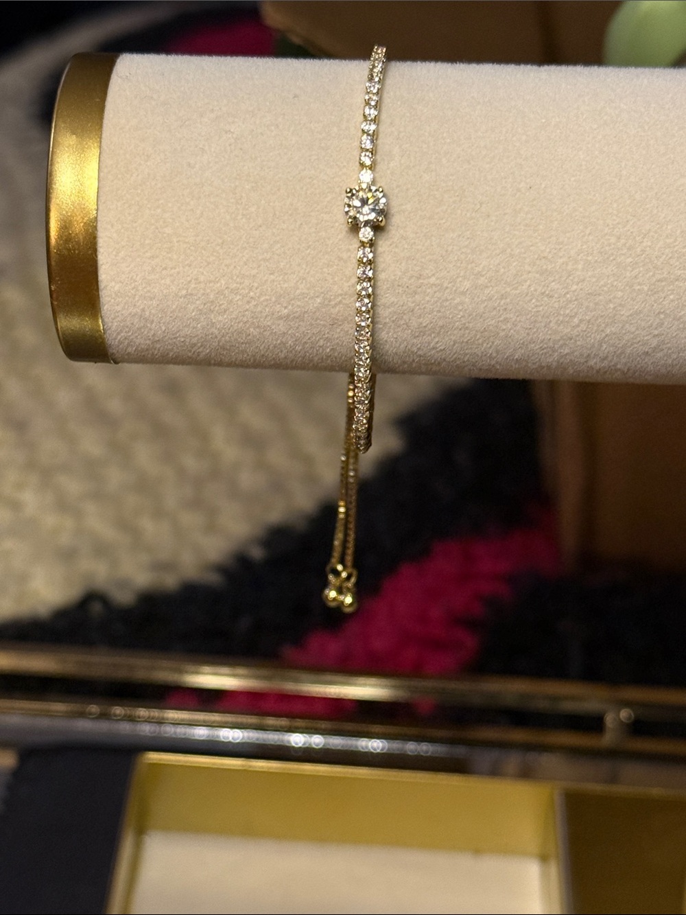 Gold Tennis Bracelet with Clear Cubic Zirconia Center Sliding Adjustable Closure